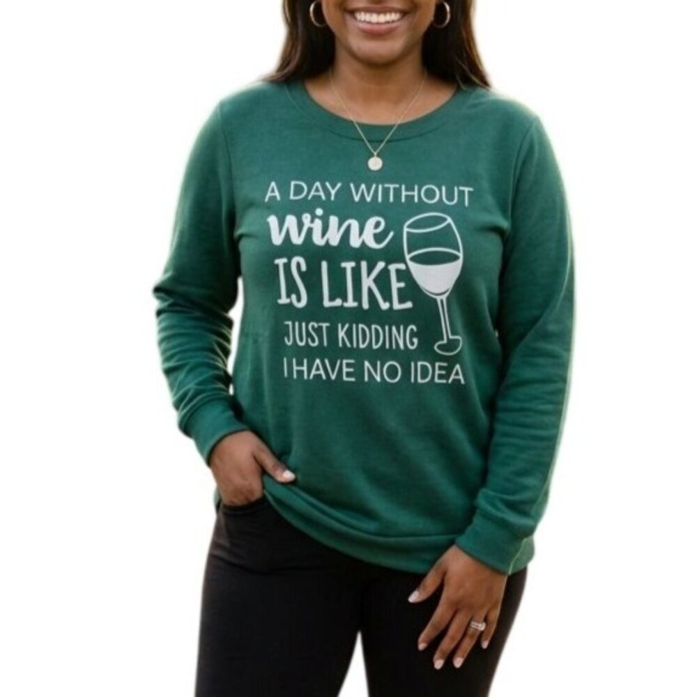 Lilicloth Size Large Sweatshirt Wine-Themed Green Crewneck Long Sleeve Top